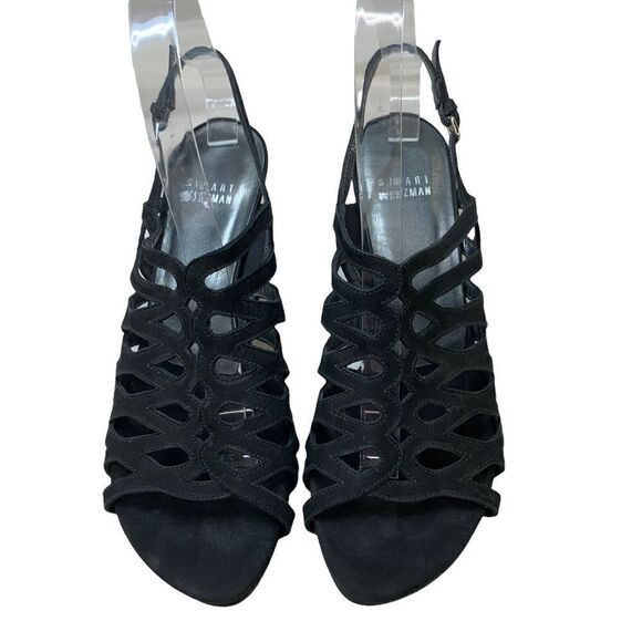 Stuart Weitzman Rollover Black Nubuck Sandals Suede Leather Strappy Heels 7 - Picture 3 of 10